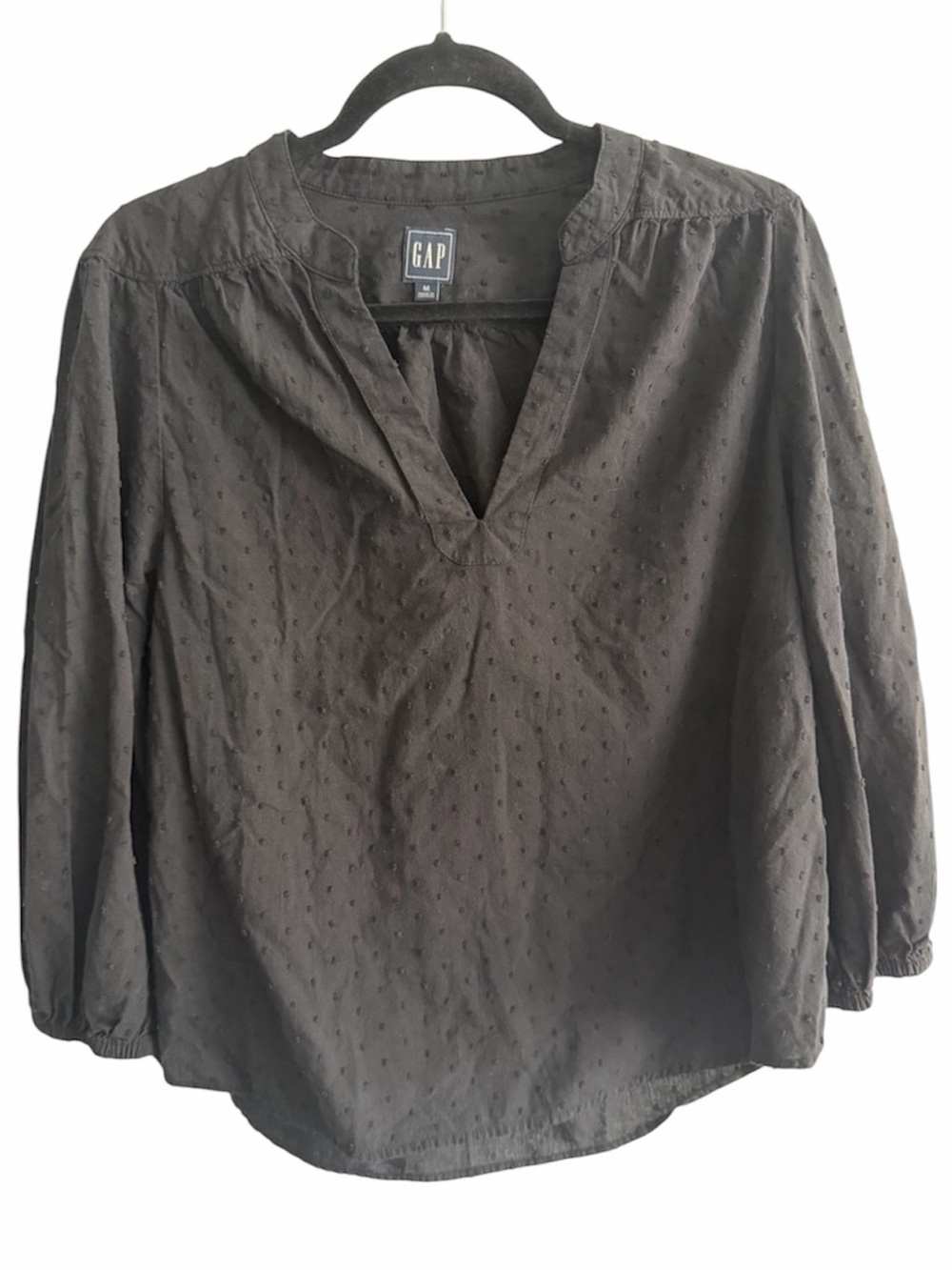 GAP Black Swiss-Dot V-Neck Peasant Coastal Blouse 3/4 Sleeve 100% Cotton Size M